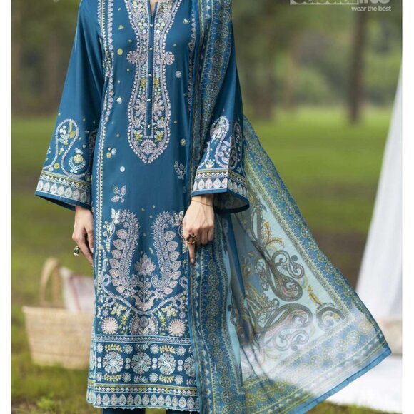 Pakistani Casualite Khamoshi Linen Embroidered 3pc Suit - Picture 1 of 5